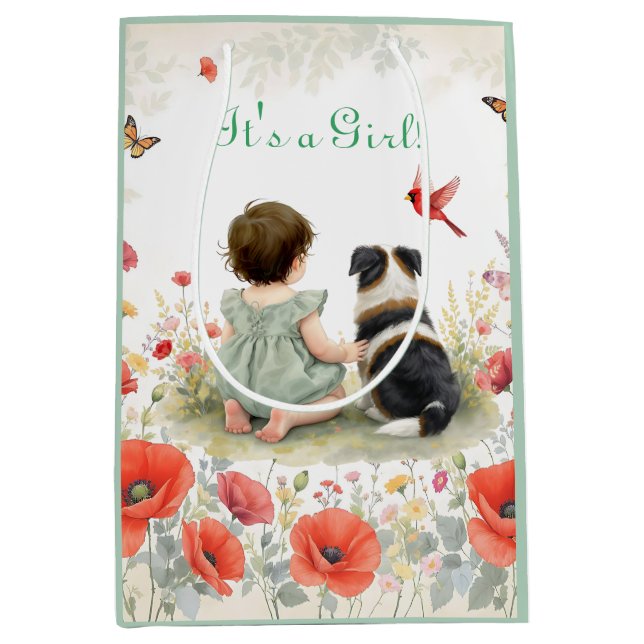 Baby Girl and her Puppy Baby Shower  Medium Gift Bag (Front)