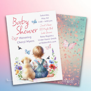 Baby Girl and her Puppy   Baby Shower Watercolor Invitation