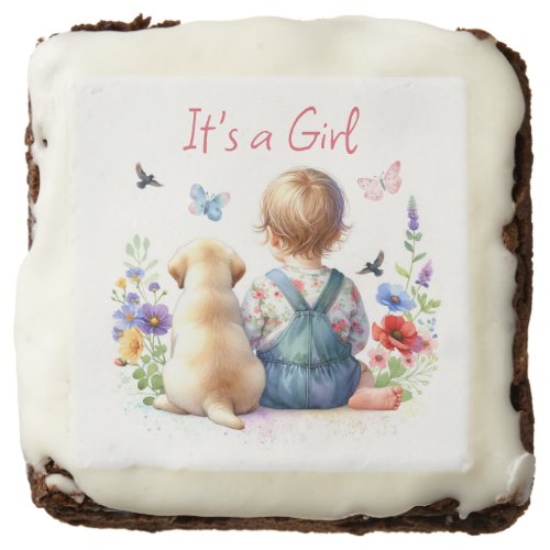 Baby Girl and her Puppy  Its a Girl Watercolor Brownie