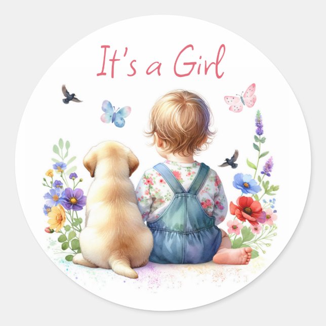 Baby Girl and her Puppy | It's a Girl Watercolor Classic Round Sticker (Front)
