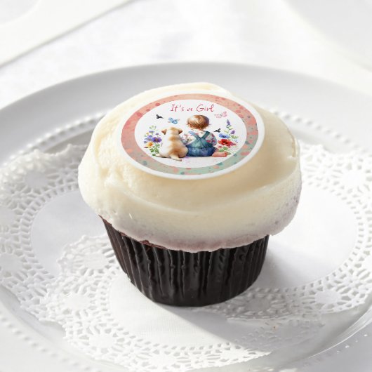 Baby Girl and her Puppy | It's a Girl Watercolor Edible Frosting Rounds (Cupcake)