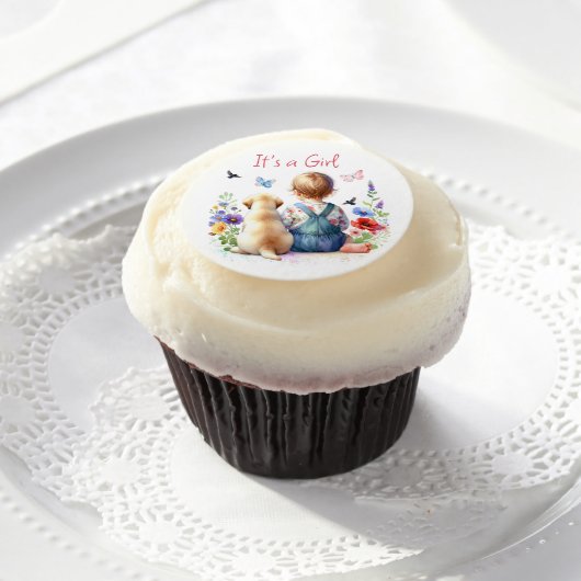 Baby Girl and her Puppy | It's a Girl Watercolor Edible Frosting Rounds (Cupcake)