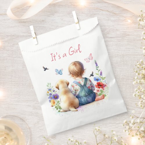 Baby Girl and her Puppy  Its a Girl Watercolor Favor Bag