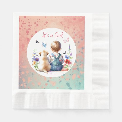 Baby Girl and her Puppy  Its a Girl Watercolor Napkins
