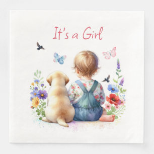 Baby Girl and her Puppy   It's a Girl Watercolor Paper Dinner Napkins