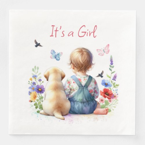 Baby Girl and her Puppy  Its a Girl Watercolor Paper Dinner Napkins