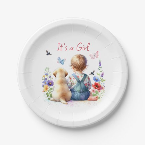 Baby Girl and her Puppy  Its a Girl Watercolor Paper Plates
