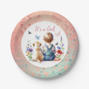 Baby Girl and her Puppy   It's a Girl Watercolor Paper Plates