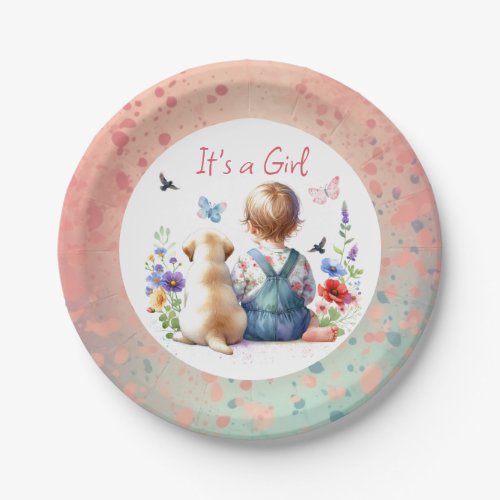 Baby Girl and her Puppy  Its a Girl Watercolor Paper Plates