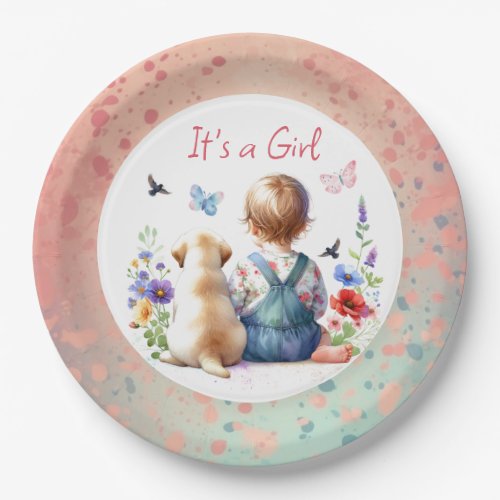 Baby Girl and her Puppy  Its a Girl Watercolor Paper Plates