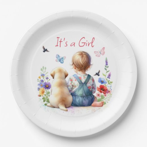 Baby Girl and her Puppy  Its a Girl Watercolor Paper Plates