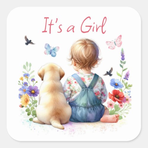 Baby Girl and her Puppy  Its a Girl Watercolor Square Sticker
