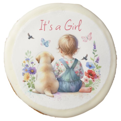 Baby Girl and her Puppy  Its a Girl Watercolor Sugar Cookie