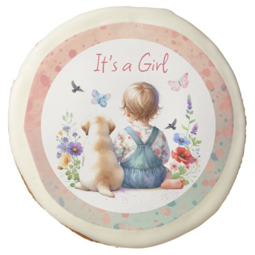 Baby Girl and her Puppy  Its a Girl Watercolor Sugar Cookie