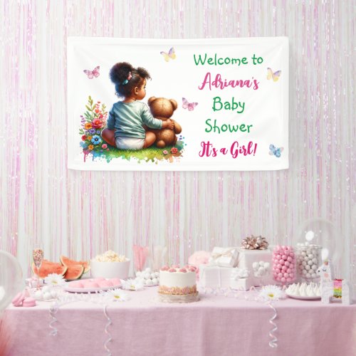 Baby Girl and her Teddy Bear  Girls Baby Shower Banner