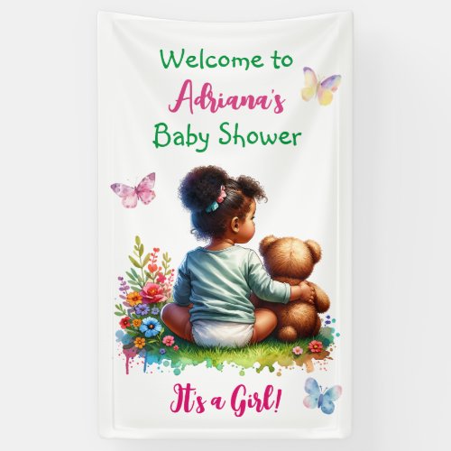Baby Girl and her Teddy Bear  Girls Baby Shower Banner