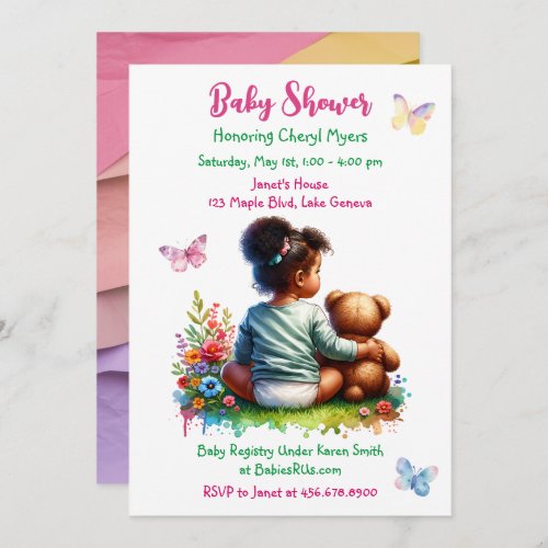 Baby Girl and her Teddy Bear  Girls Baby Shower Invitation