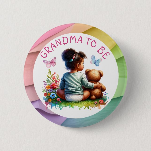 Baby Girl and her Teddy Bear | Grandma To Be Button (Front)