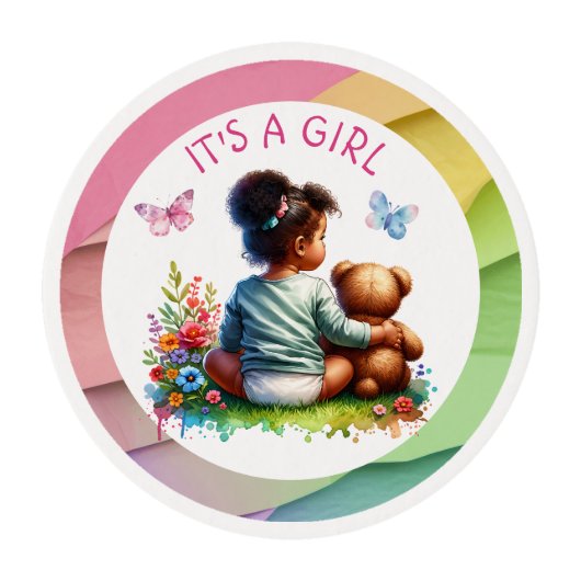 Baby Girl and her Teddy Bear | It's a Girl Edible Frosting Rounds (Front)