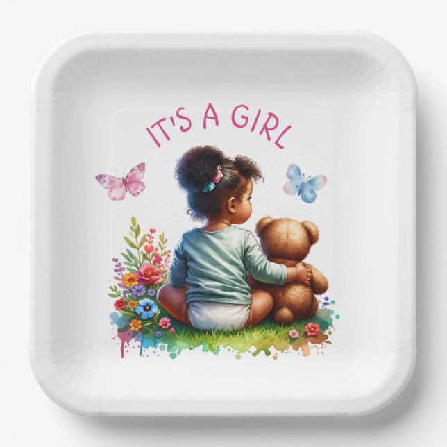 Baby Girl and her Teddy Bear | It's a Girl Paper Plates (Front)