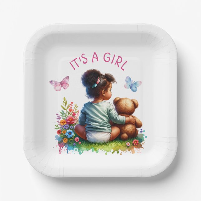 Baby Girl and her Teddy Bear | It's a Girl Paper Plates (Front)