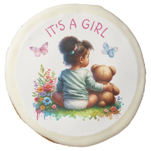 Baby Girl and her Teddy Bear  Its a Girl Sugar Cookie