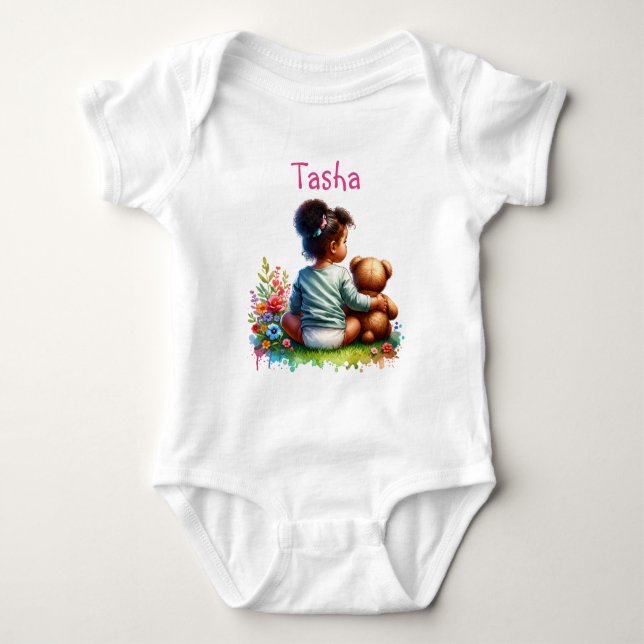 Baby Girl and her Teddy Bear | Personalized Baby Bodysuit (Front)