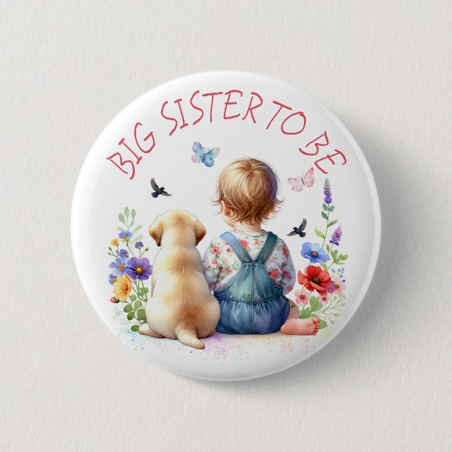 Baby Girl and Puppy Baby Shower Big Sister Button (Front)