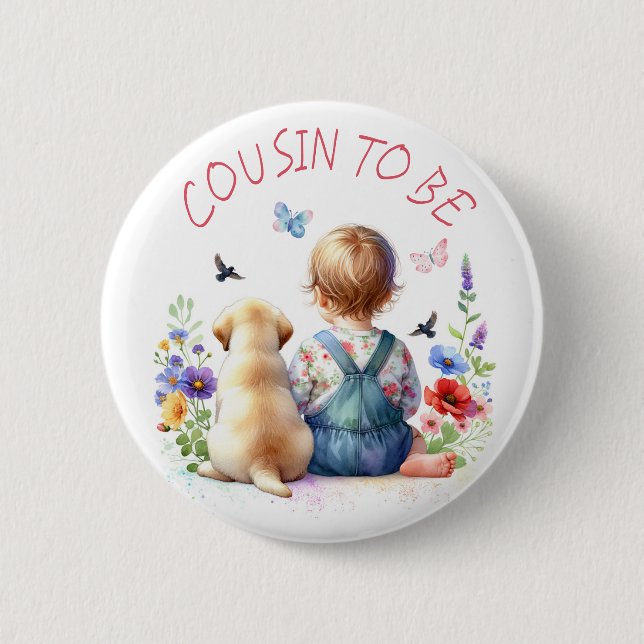 Baby Girl and Puppy Baby Shower Cousin to be Button (Front)