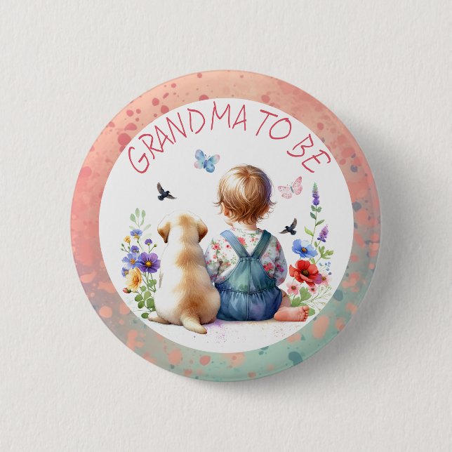 Baby Girl and Puppy Baby Shower Grandma to be Button (Front)