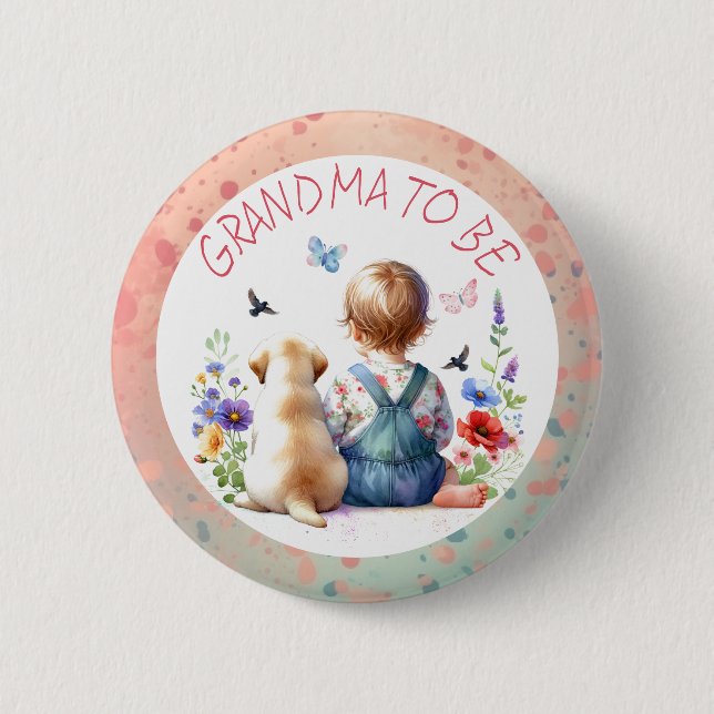 Baby Girl and Puppy Baby Shower Grandma to be Button (Front)