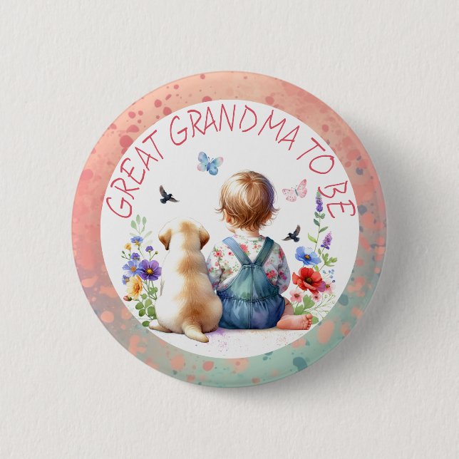 Baby Girl and Puppy Baby Shower Great Grandma  Button (Front)