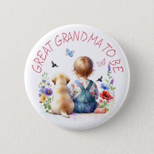 Baby Girl and Puppy Baby Shower Great Grandma Button