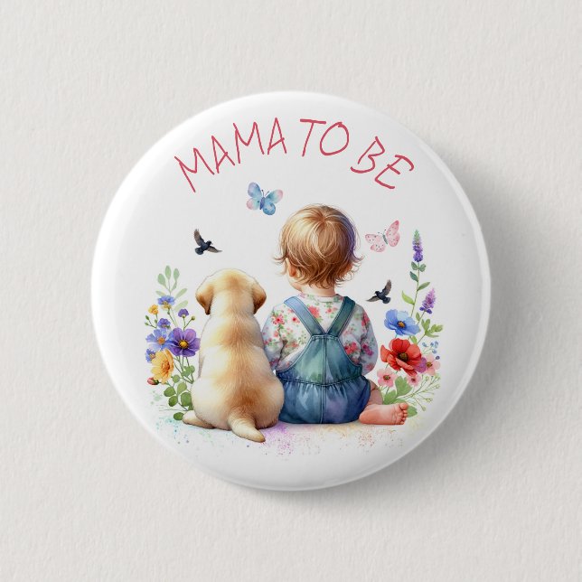 Baby Girl and Puppy Baby Shower Mama To Be Button (Front)