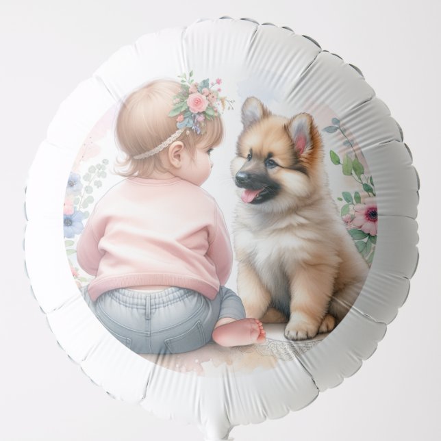Baby Girl and Puppy Pink Baby Shower Balloon (Front)