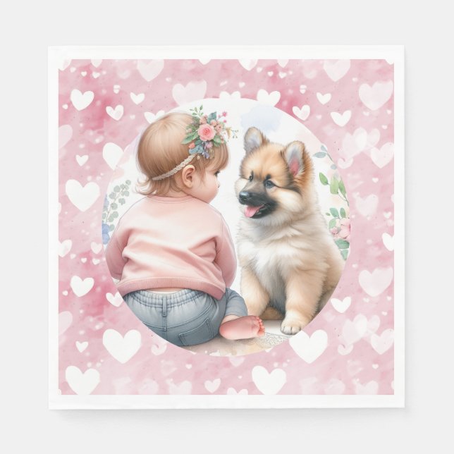 Baby Girl and Puppy Pink Baby Shower Napkins (Front)