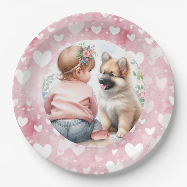 Baby Girl and Puppy Pink Baby Shower Paper Plates (Front)