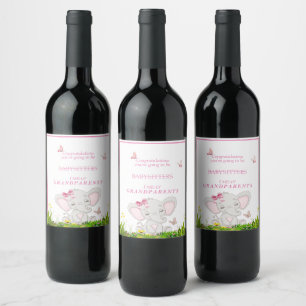 Baby Girl Announcement Elephant Butterflies Wine Label