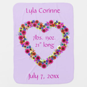 Baby Girl Announcement Floral Heart in Lavender Blanket