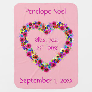 Baby Girl Announcement Floral Heart in Rose Pink Blanket
