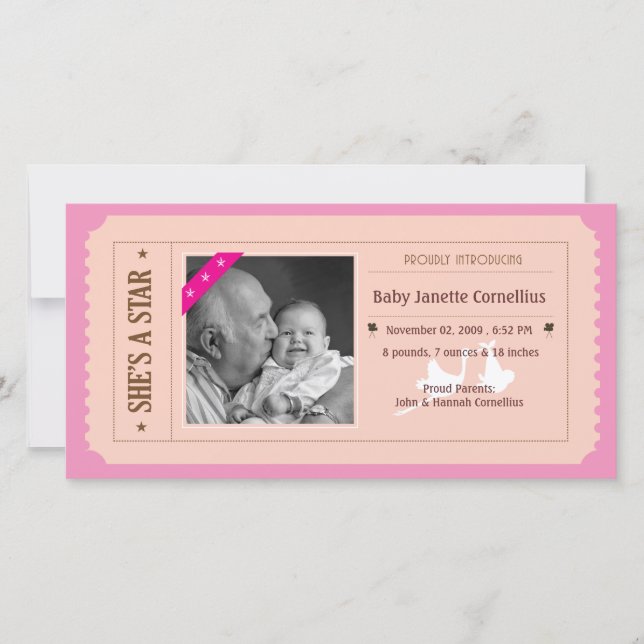 Baby Girl Announcement - Movie Ticket Style (Front)