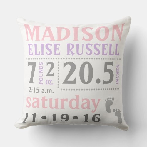 Baby Girl Announcement Pillow pink purple grey Throw Pillow