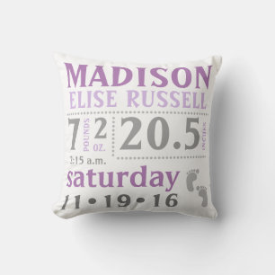 Baby Girl Announcement Pillow Purple Grey