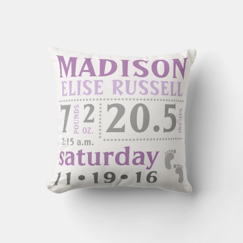 Baby Girl Announcement Pillow Purple Grey