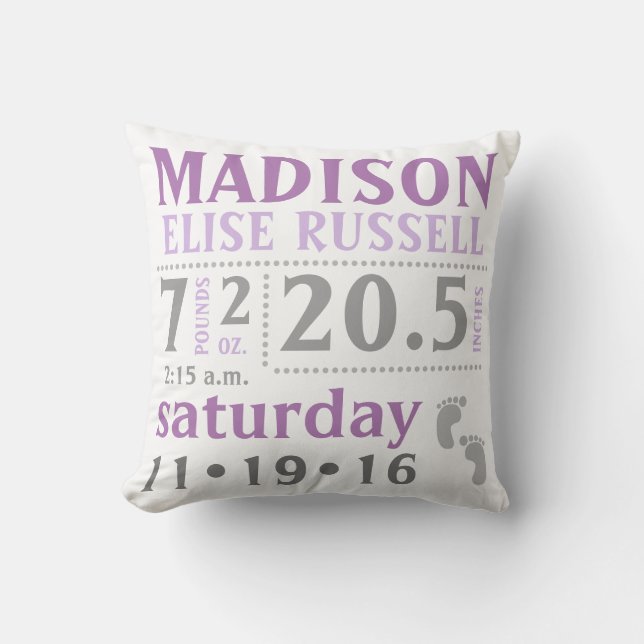 Baby Girl Announcement Pillow Purple Grey (Front)