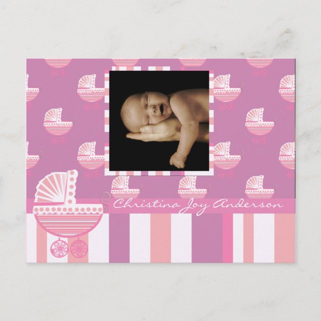 Baby Girl Announcement - Pink Baby Buggy (Front)