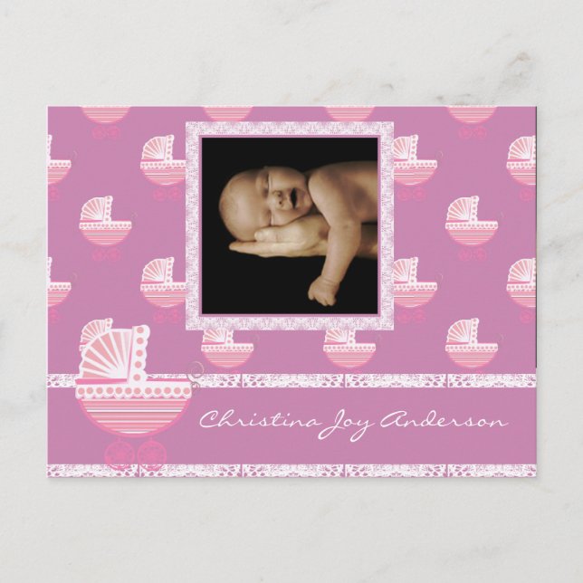 Baby Girl Announcement - Pink Baby Buggy Postcard (Front)