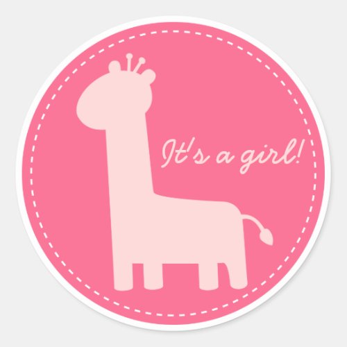 Baby Girl Announcement _ Pink giraffe silhouette Classic Round Sticker