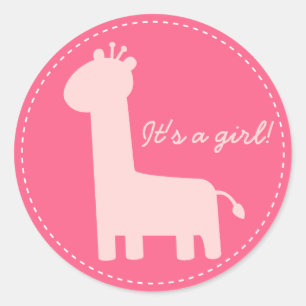 Baby Girl Announcement - Pink giraffe silhouette Classic Round Sticker
