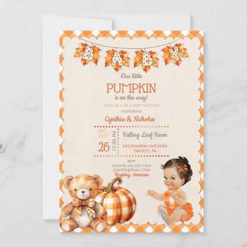 Baby Girl Autumn Plaid Teddy Bear Pumpkin Leaves Invitation